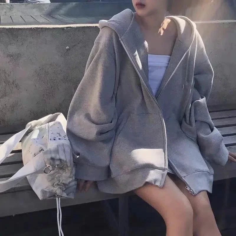 Sweat à Capuche Zippé Unisexe Ample avec Poches et Cordon Bleu Marine