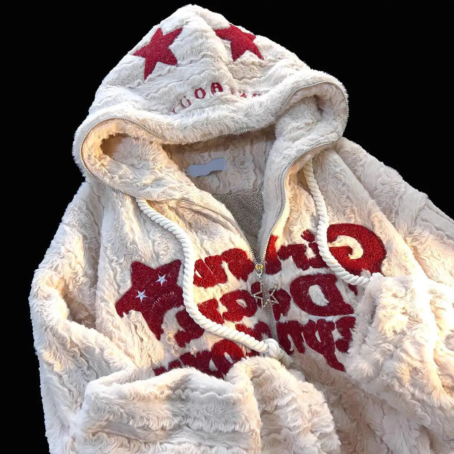 Sweat à Capuche Doux Fermeture Éclair Étoiles Brodés Crème Rouge