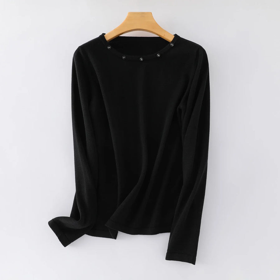 Women's fine-knit long-sleeve crew-neck top with metallic details