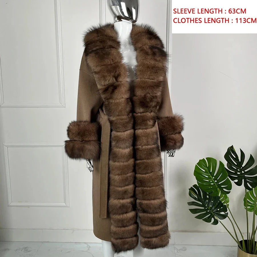 Manteau long femme marron avec col et poignets effet fourrure