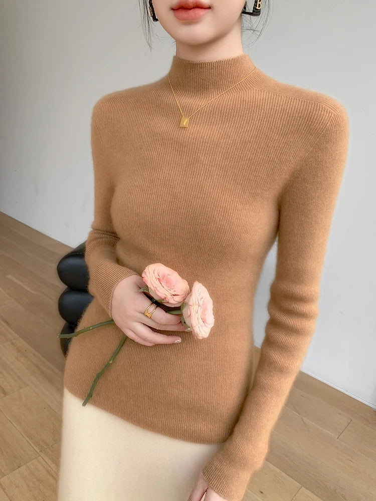 Pull col montant côtelé doux à manches longues pour femme
