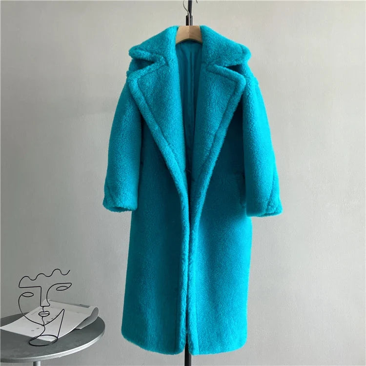 Manteau long femme teddy effet mouton marron chaud