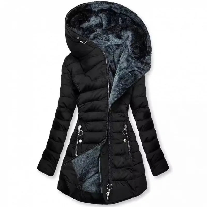 Women's long quilted puffer jacket with faux-fur-lined hood and decorative zippers
