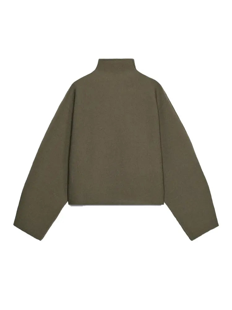Khaki cropped jacket with stand collar and zip closure