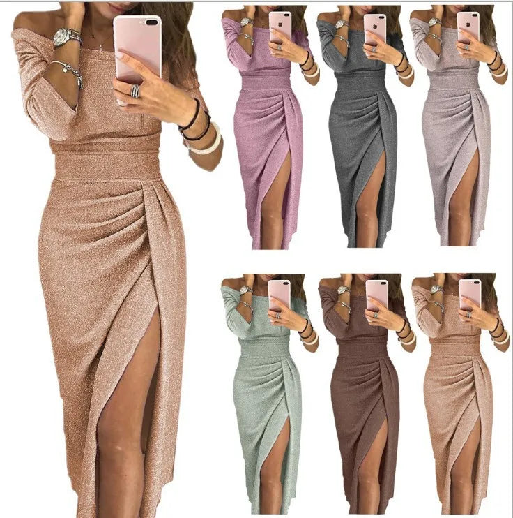 Robe de soirée femme élégante à épaules dénudées, fendue et plissée, style glamour pour occasions spéciales