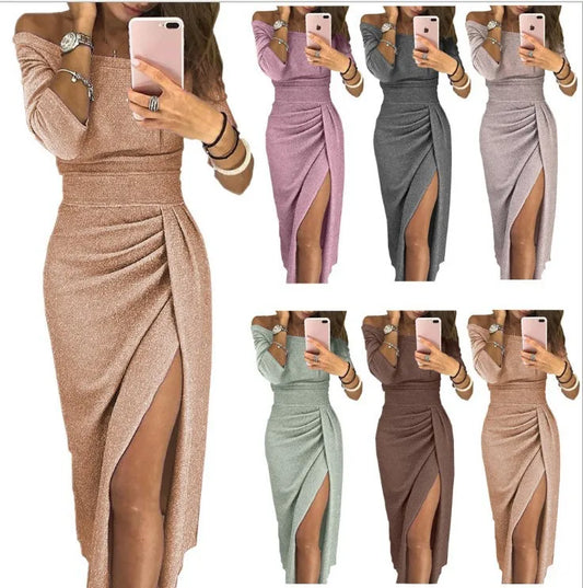 Robe de soirée femme élégante à épaules dénudées, fendue et plissée, style glamour pour occasions spéciales