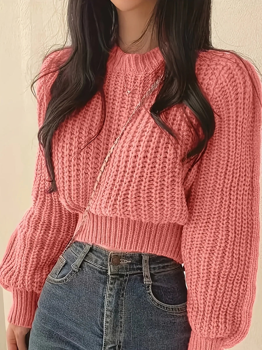 Pull court en maille côtelée pour femme, manches longues amples