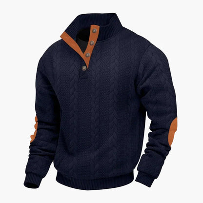 Sweter męski z guzikami i wysokim kołnierzem w warkoczowym stylu, casual chic i wygodny