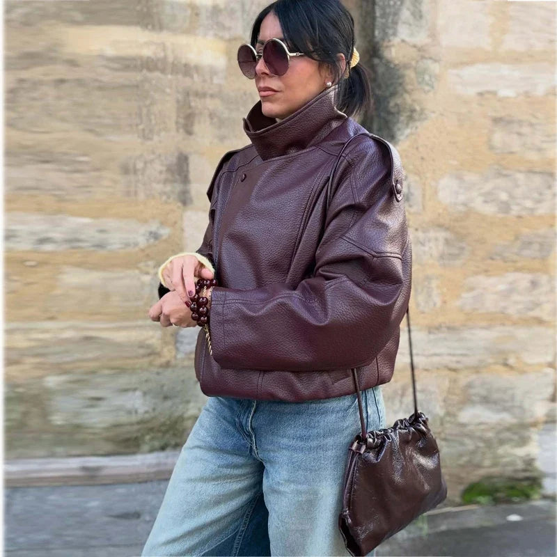 Veste courte style bombardier femme col montant asymétrique