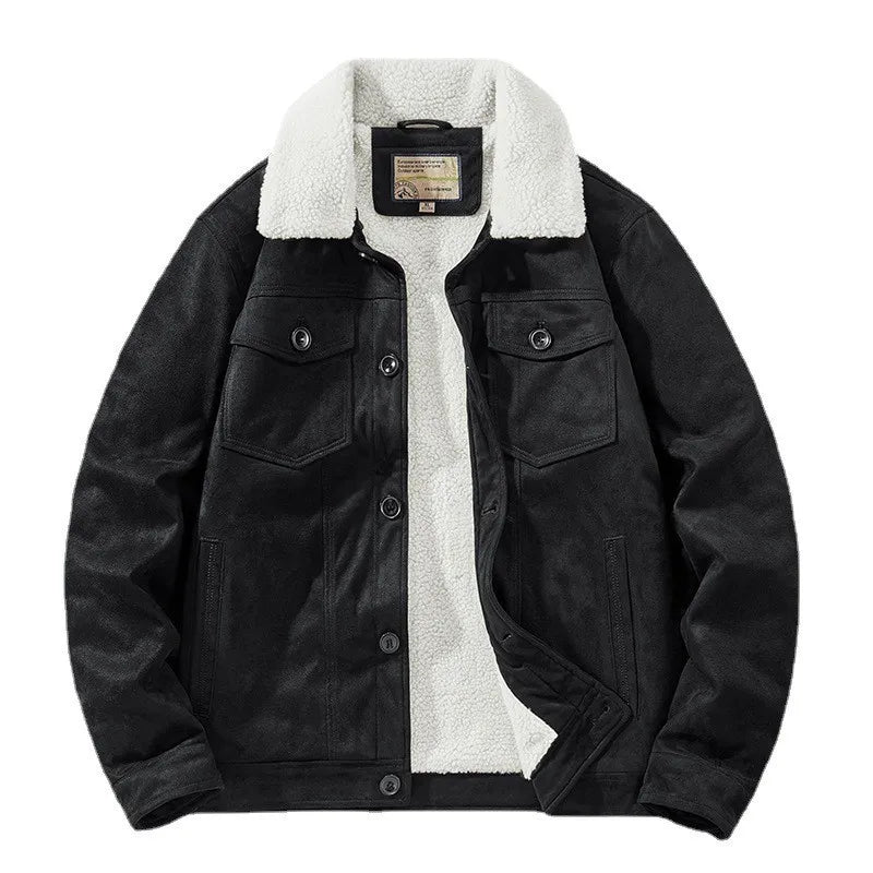 Herrenjacke mit Kunstpelzfutter, Lammfellkragen und Pattentaschen