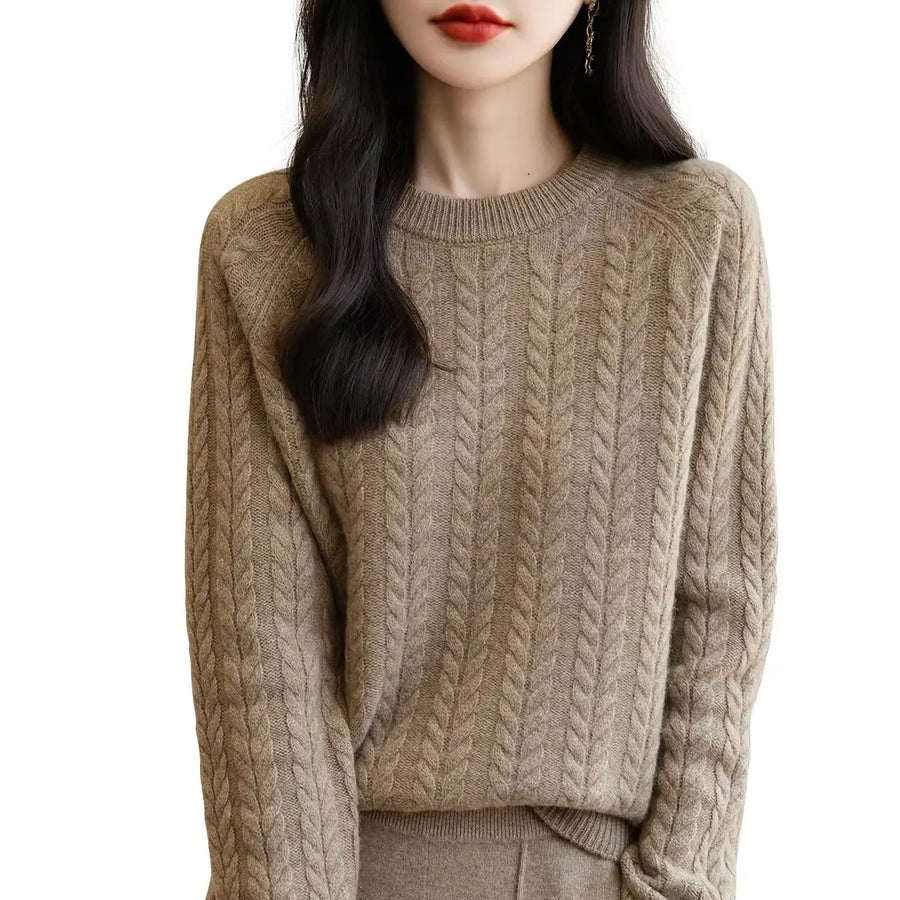 Women's soft cable-knit crew-neck sweater with long sleeves