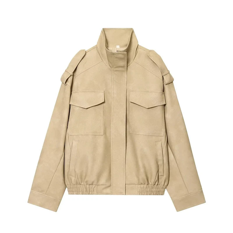 Blouson aviateur femme col montant suédine à poches Dark Blue, Kaki, Gris