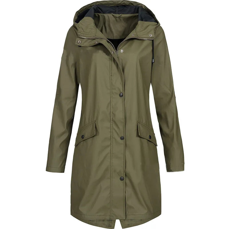 Imperméable long femme à capuche vert kaki avec poches et boutons-pression
