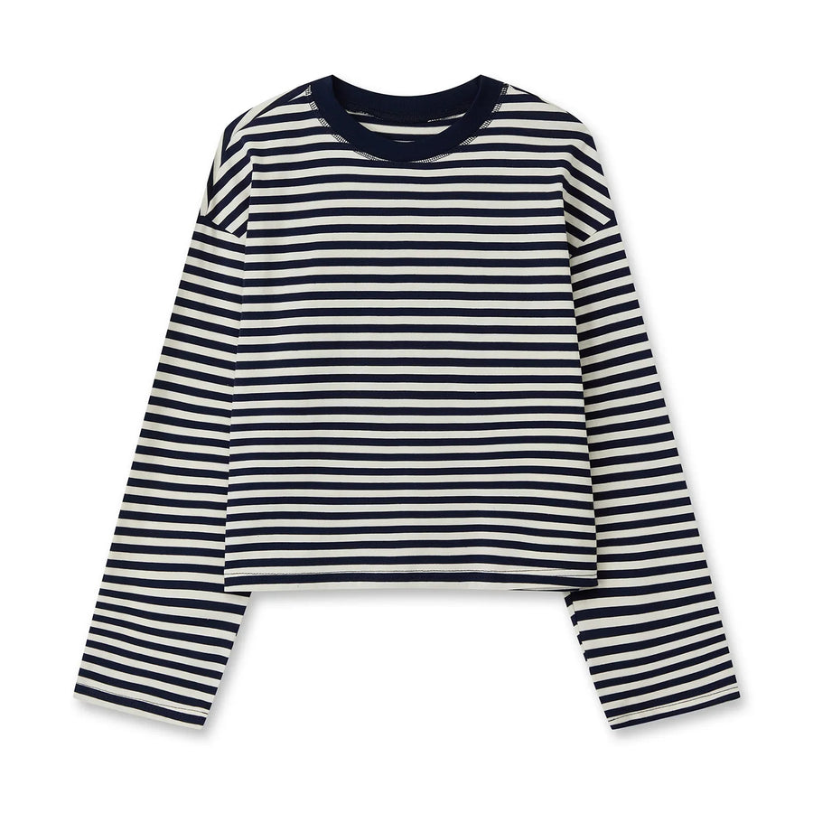Gestreept dames-T-shirt met lange mouwen, kort en losvallend