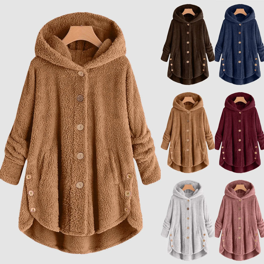 Manteau à Capuche Doux Femme, Boutons et Ourlet Asymétrique, Plusieurs Couleurs