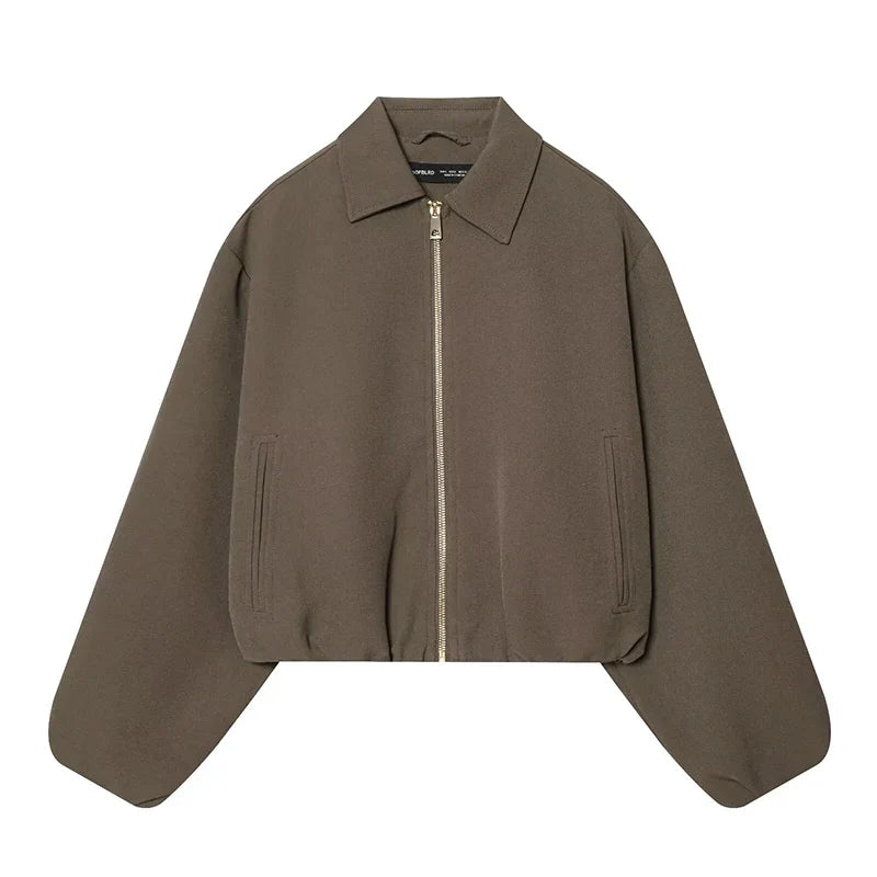 Blouson court femme décontracté à col chemise et manches amples