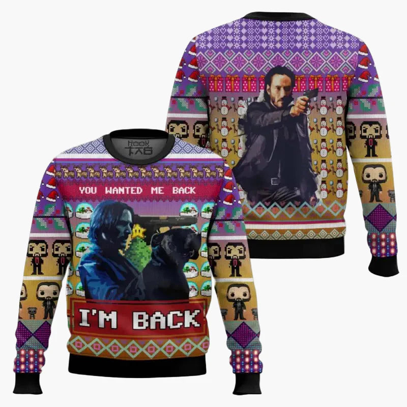Pull de Noël homme style "Wick-Mas" drôle et original pour fans de cinéma – Sweatshirt festif à motif
