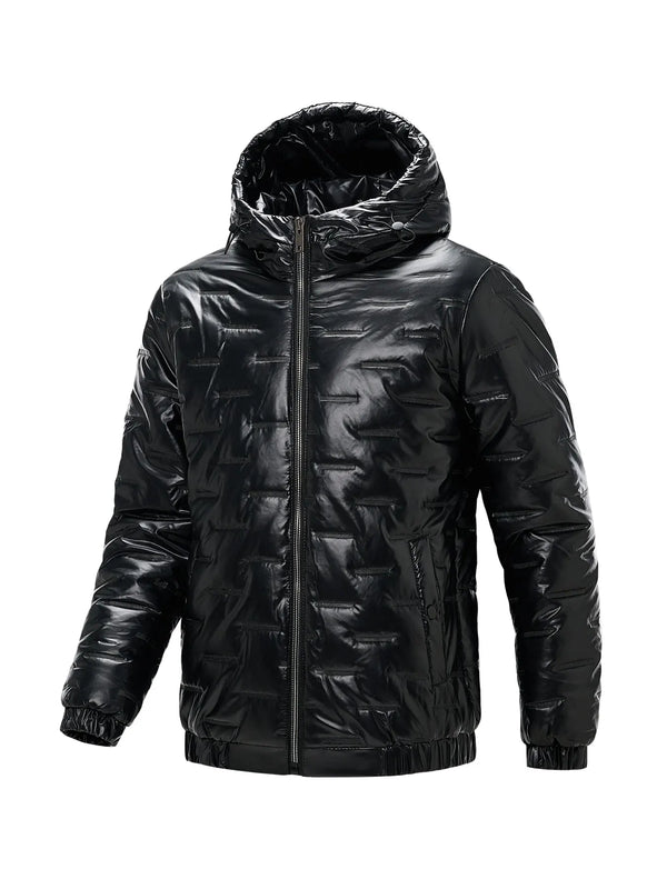 Doudoune Capuche Homme Noire Brillante Fermeture Éclair Matelassée