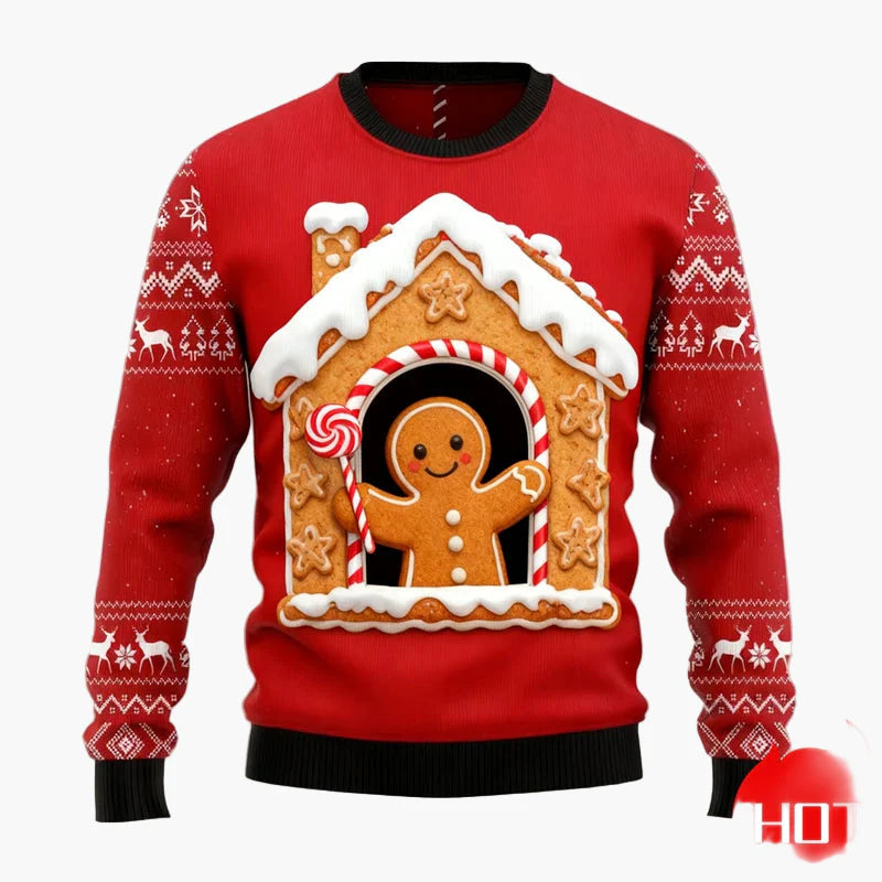 Maglione di Natale uomo stile divertente con motivi di pan di zenzero e decorazioni festive per le feste