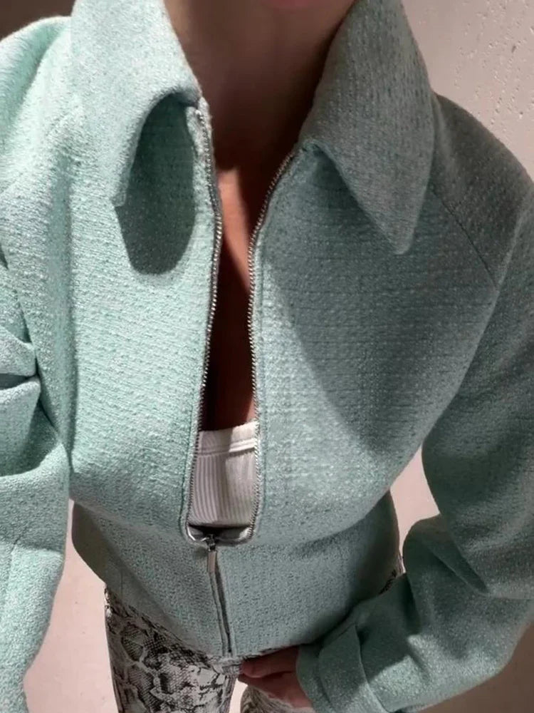 Giacca corta testurizzata da donna con collo verde menta