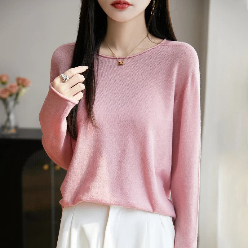 Suéter fino informal de mujer, de manga larga, cuello redondo y color liso