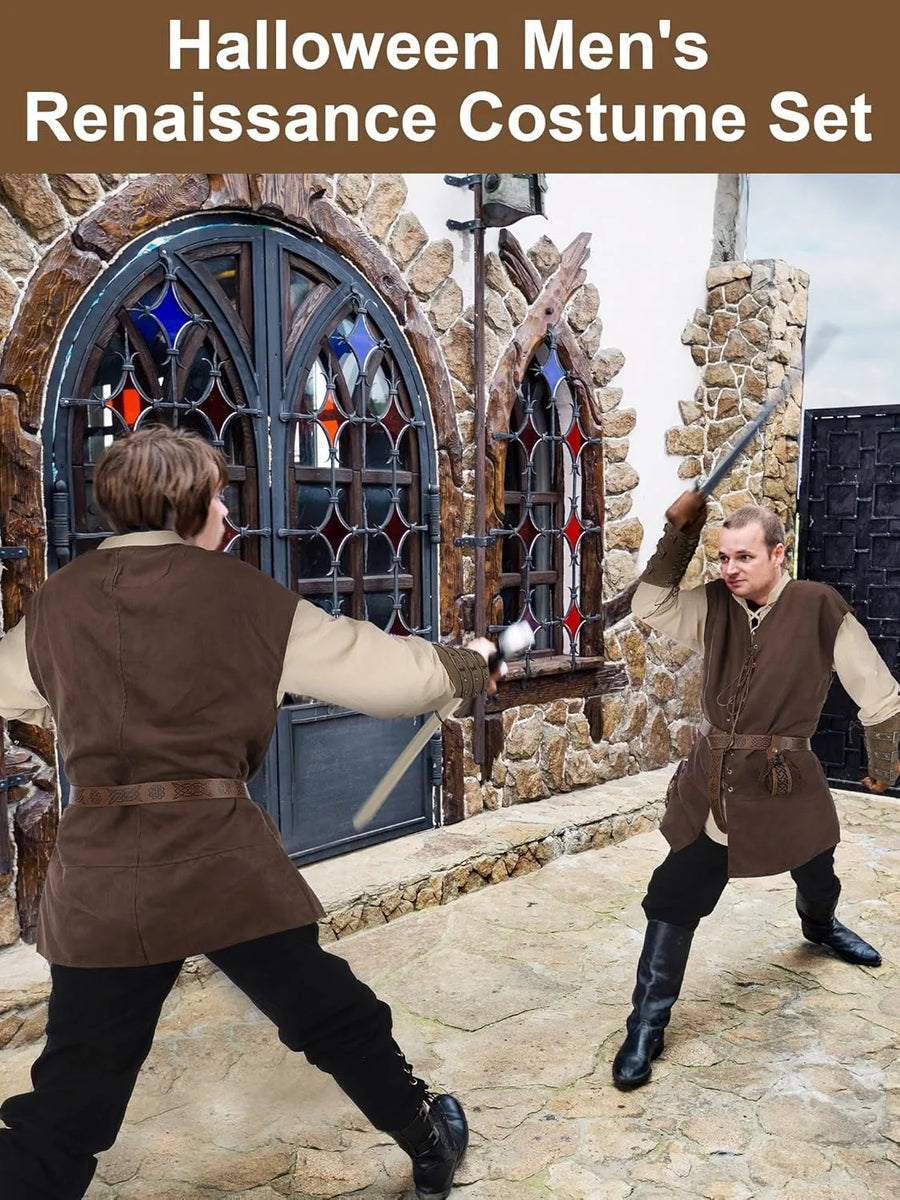 Costume medievale completo da uomo: giacca stringata, camicia, pantaloni, cintura e bracciale da polso