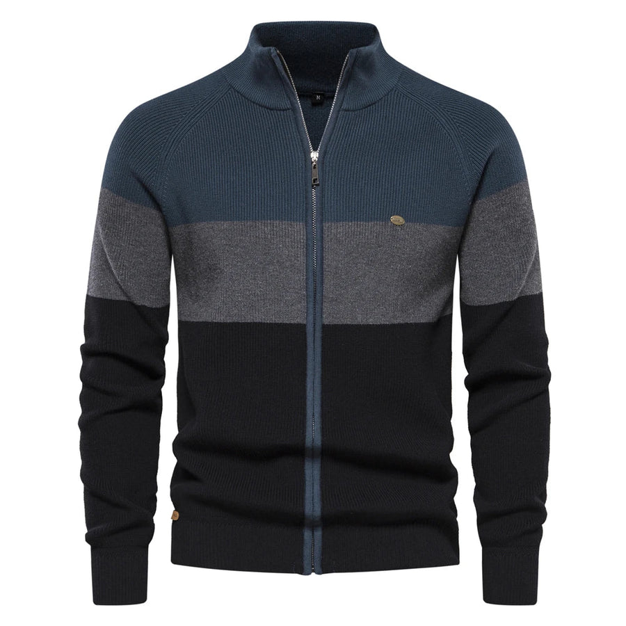Tricot vest met rits, opstaande kraag en driekleurig ontwerp voor heren