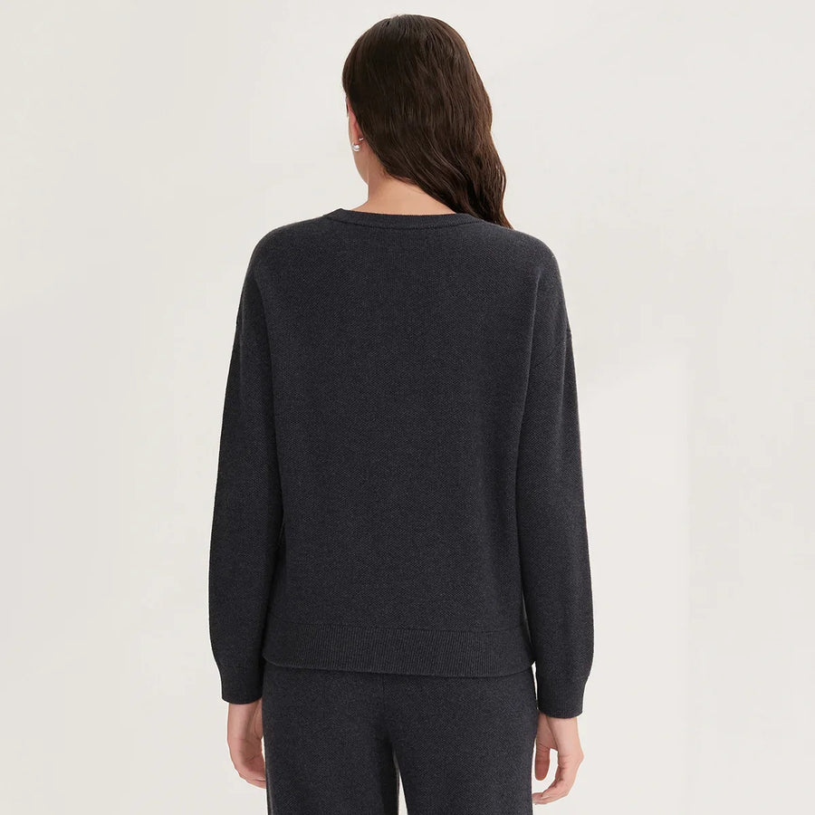 Jersey de cuello redondo para mujer, de punto fino, con bolsillo en el pecho y ribete brillante