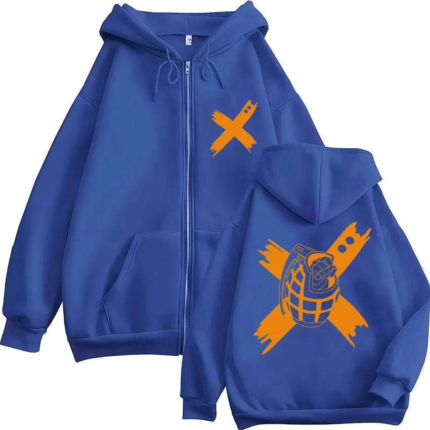 Sweat à capuche zippé imprimé motif fantaisie avec poches kangourou