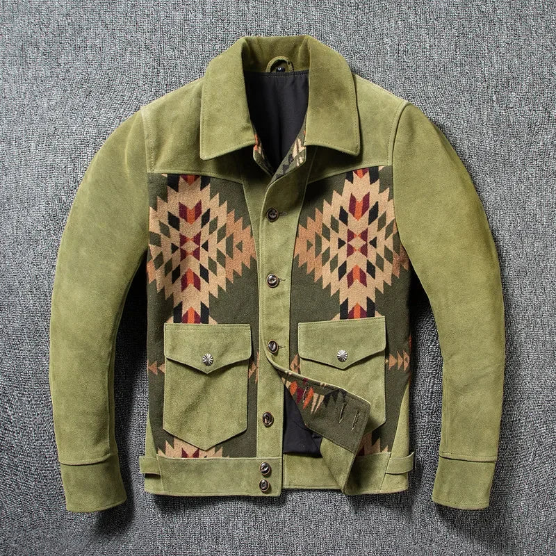 Veste Homme Patchwork Motifs Géométriques Col Chemise Boutons Style Western Beige