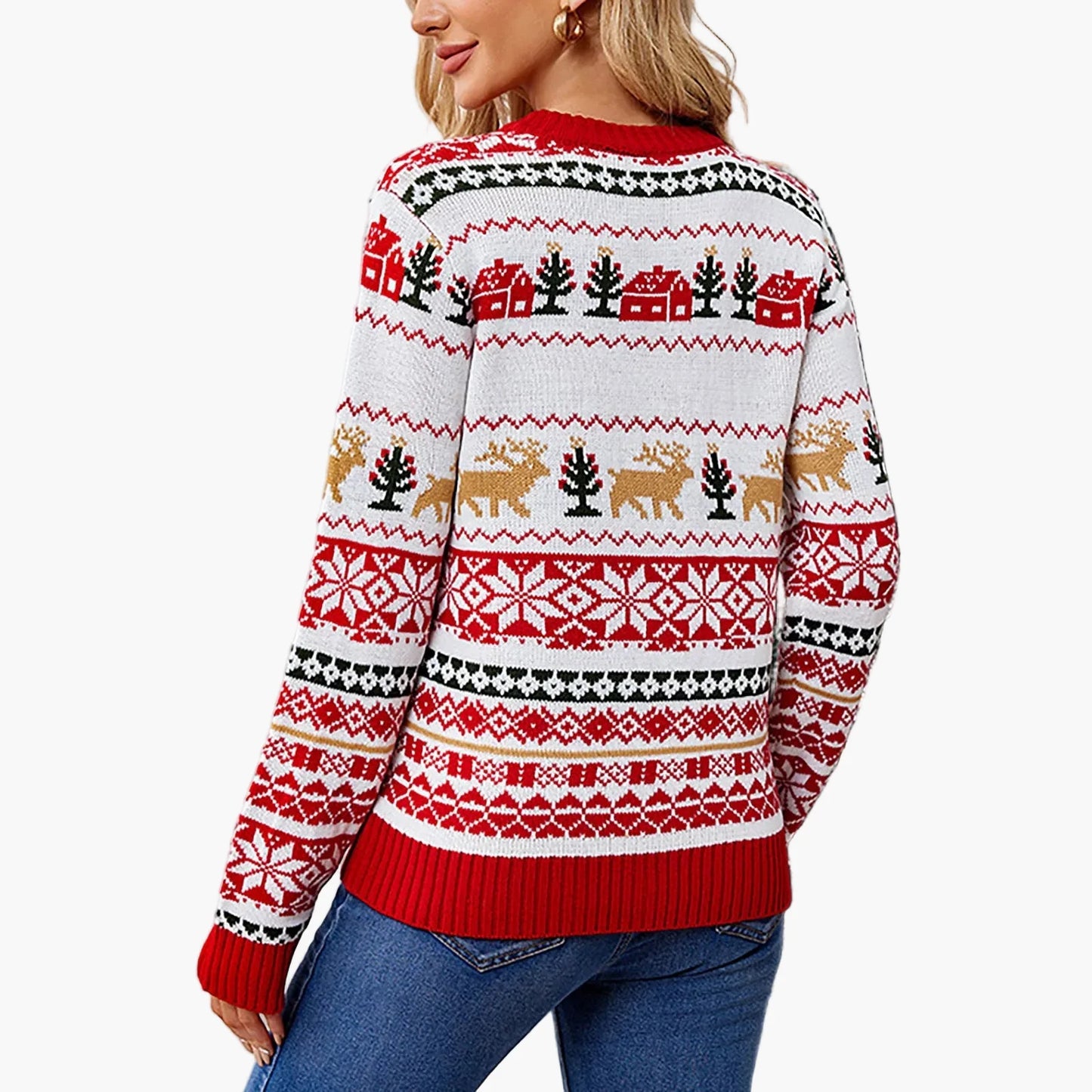 Damen-Weihnachtspullover mit skandinavischen Mustern und langen Ärmeln, festlicher Stil für Winter und Feste