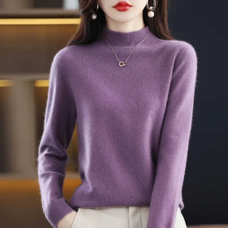 Pull col montant femme en maille douce, manches longues