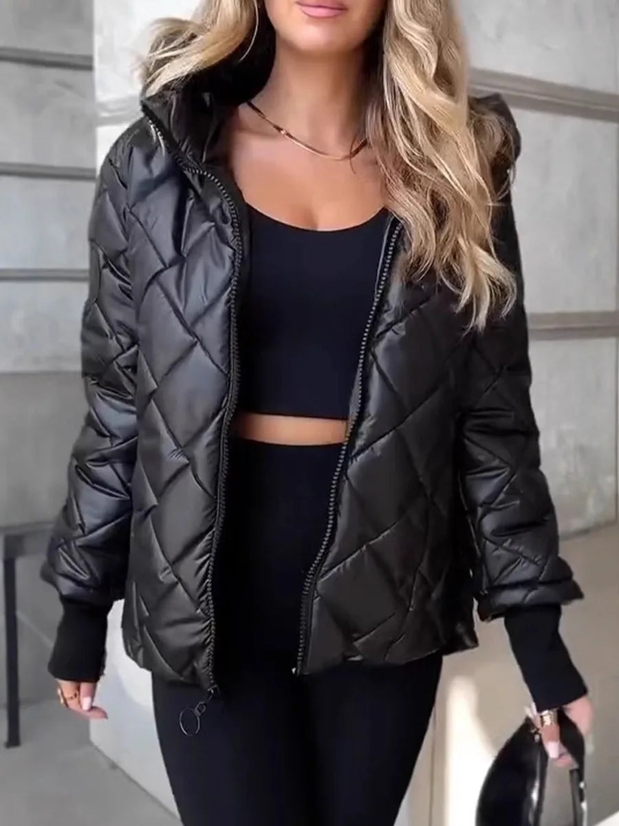 Bordeauxrote gesteppte Damen-Daunenjacke mit Kapuze, kurze lässige Passform