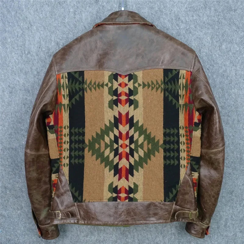 Veste Homme Patchwork Motifs Géométriques Col Chemise Boutons Style Western Beige