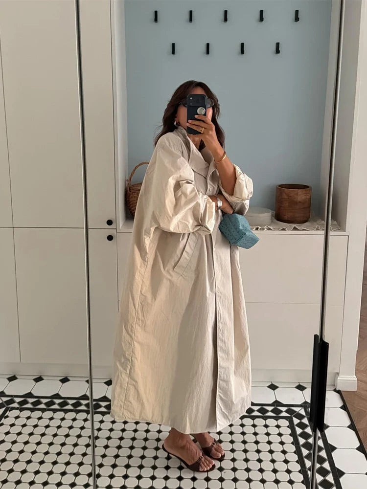 Trench-coat ample pour femme, long ou court, avec ceinture et col montant