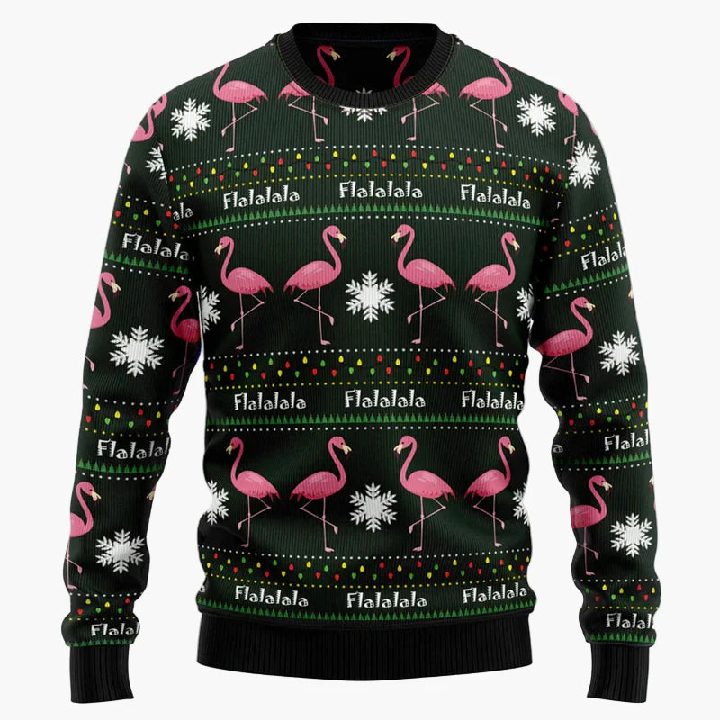Unisex fantasijultröja i "Ugly Christmas Sweater"-stil med flamingos och humoristiskt budskap