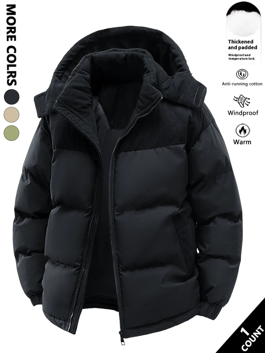 Black two-tone quilted hooded puffer jacket with corduroy-style design