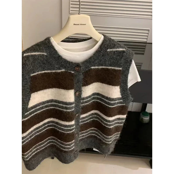 Gilet sans manches Femme rayé Col Rond Boutonné Gris Marron Blanc