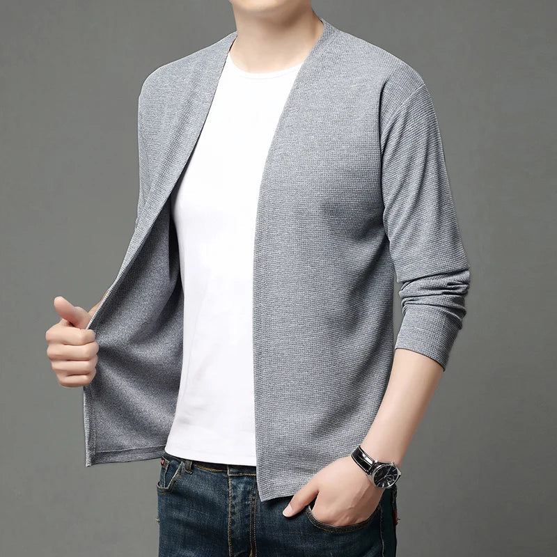 Cárdigan ligero abierto para hombre, gris claro liso