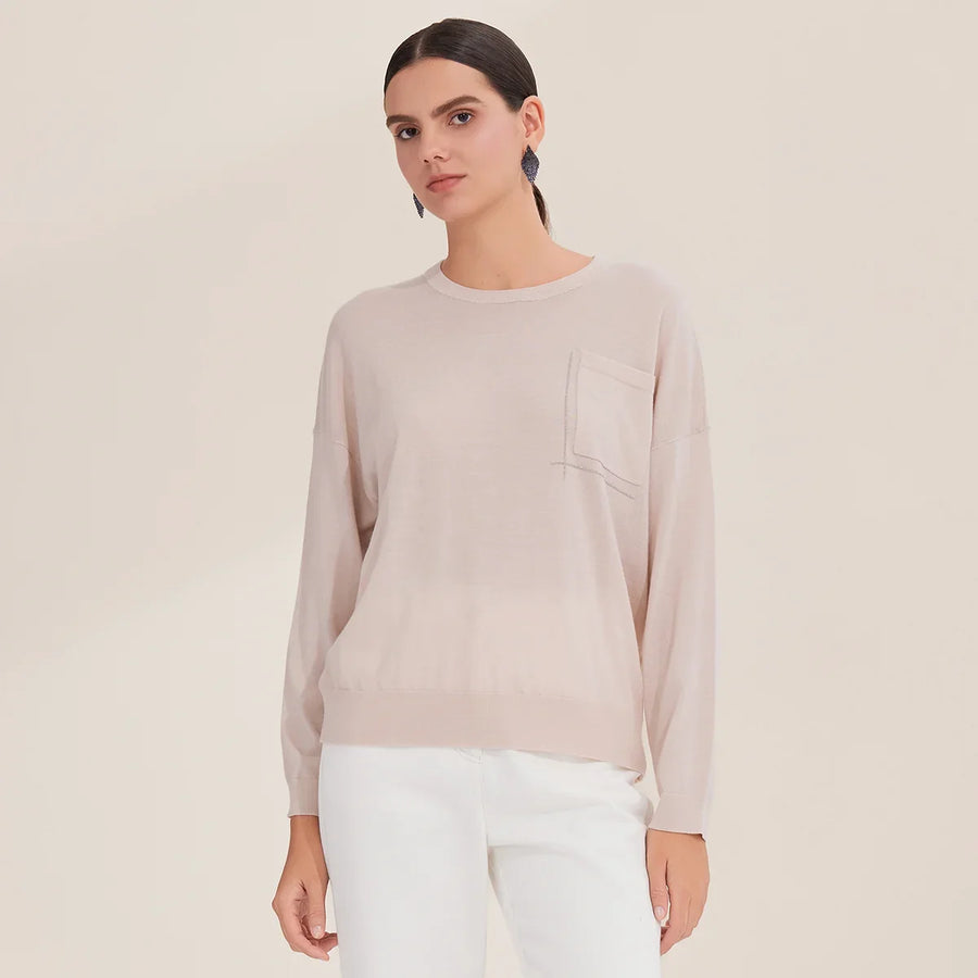 Women's lightweight crew-neck sweater with an embroidered chest pocket