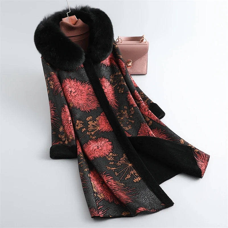Women's Long Printed Coat with Black Fur-Look Collar and Trim