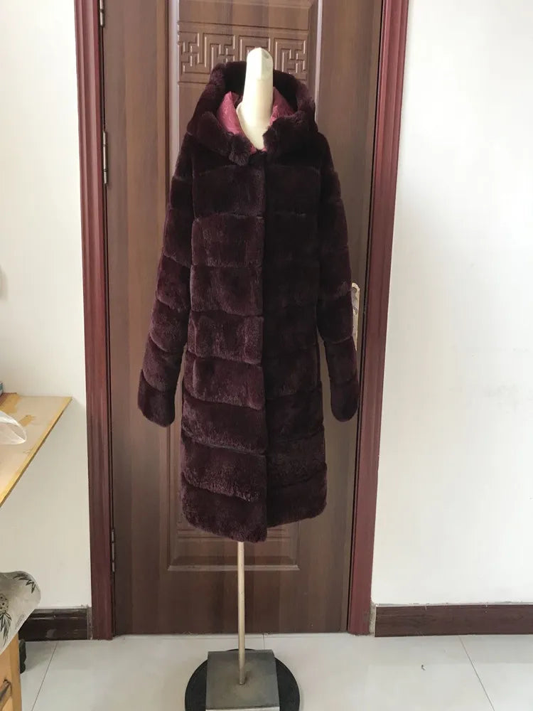 Women's soft fur-effect hooded coat