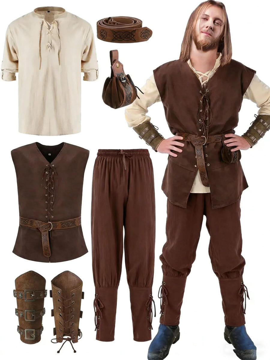 Costume medievale completo da uomo: giacca stringata, camicia, pantaloni, cintura e bracciale da polso