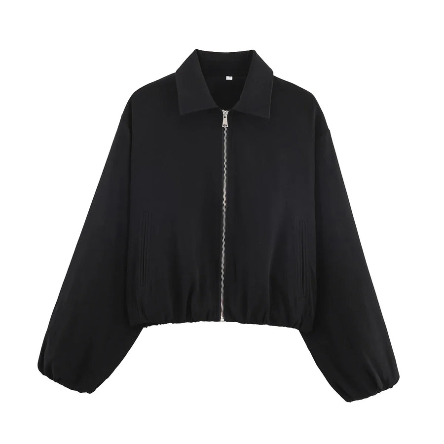 Women's Plain Short Women's Jacket with Zipper and Classic Collar