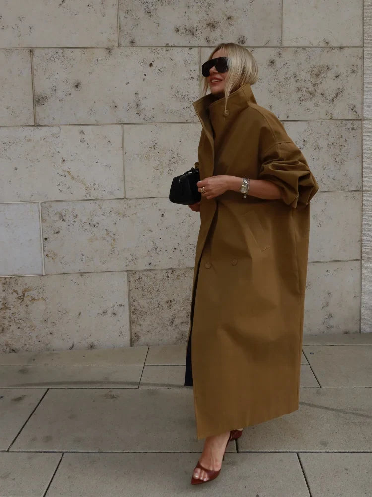 Trench-coat ample pour femme, long ou court, avec ceinture et col montant