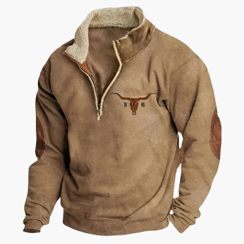 Sweat-shirt polaire homme style western à col zippé – Motifs ethniques et bisons