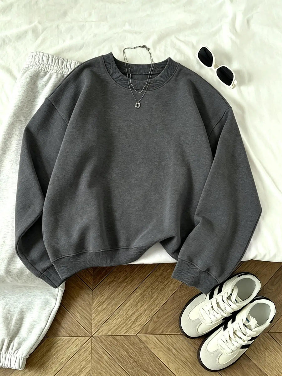 Sudadera informal para mujer con cuello redondo, corte holgado y color gris oscuro