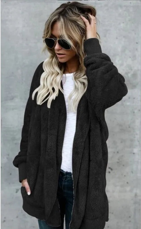 Gilet long femme doux à capuche uni avec poches