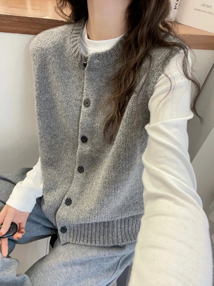 Gilet sans manches en maille boutonné pour femme Gris chiné