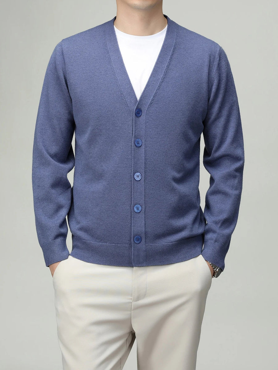 Chaleco cardigan ligero de color liso para hombre con cuello de pico, botones y mangas largas